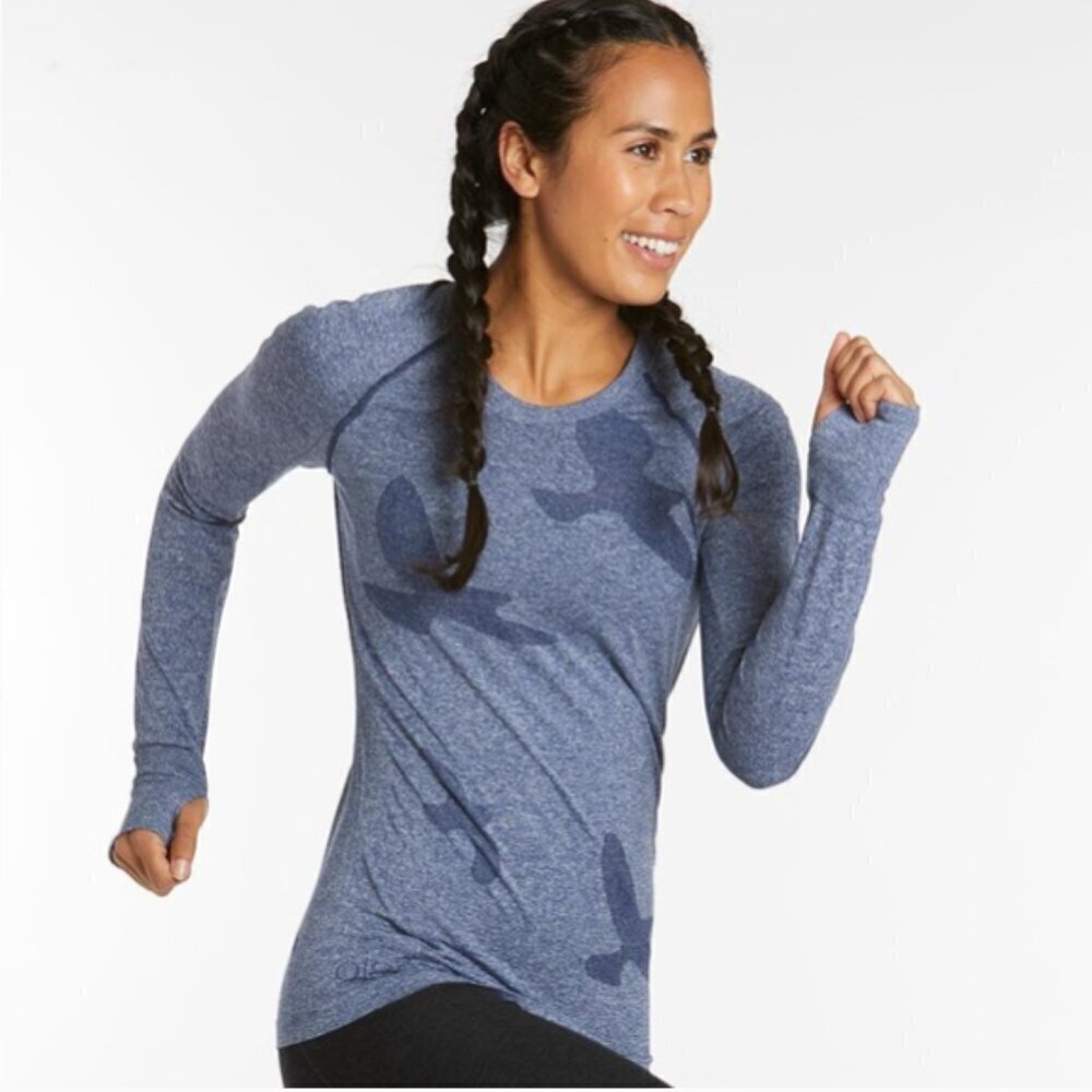 Oiselle Flyte Top Heathered Long Sleeve Grounded Blue Running Seamless Wicking
